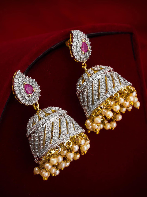 

Aadita Gold Plated Dome Shaped Pearl Studded Handcrafted Jhumkas Earrings