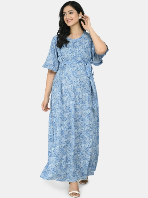

Aaruvi Ruchi Verma Women Blue & White Floral Printed Maternity Maxi Dress With Waist Belt