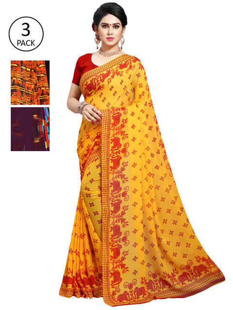 

KALINI Pack Of 3 Ethnic Motifs Sarees, Yellow