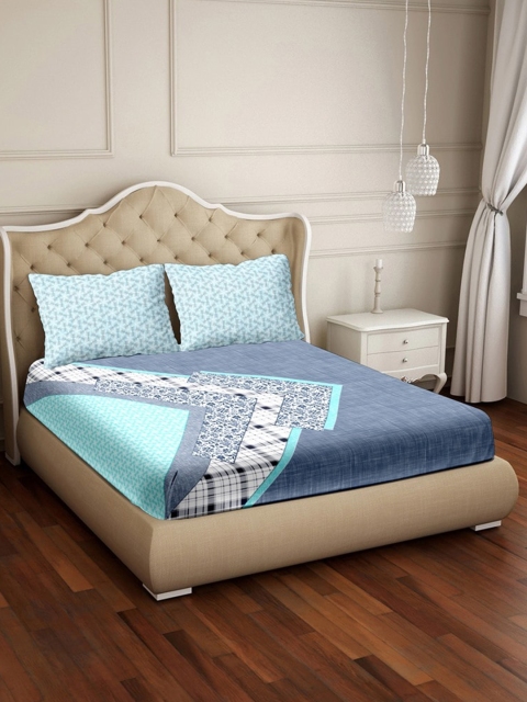 

BELLA CASA Blue & White Geometric 250 TC King Bedsheet with 2 Pillow Covers