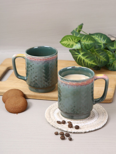 

Aapno Rajasthan Set Of 2 Green & Brown Textured Ceramic Glossy Mugs