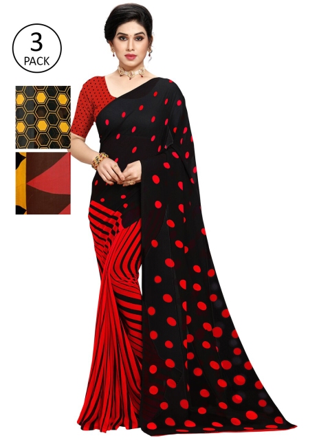 

KALINI Yellow Black & Red Pulka Dots & Geometric Print Saree With Blouse Piece Set Of 3