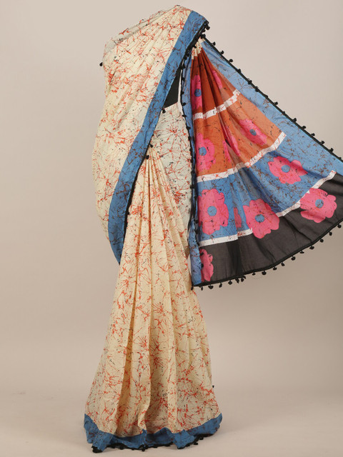 

Pothys Cream & Blue Printed Cotton Blend Saree