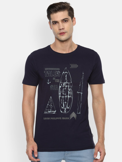 

Louis Philippe Jeans Menvy Blue Typography Printed Raw Edge Slim Fit T-shirt, Navy blue