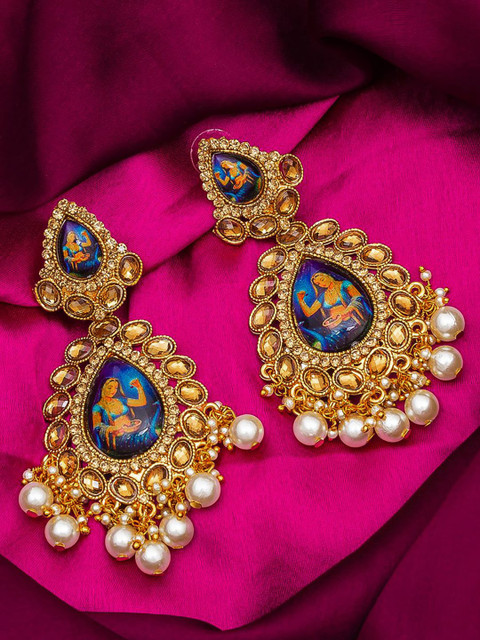 

aadita Gold-Toned Teardrop Shaped Drop Earrings