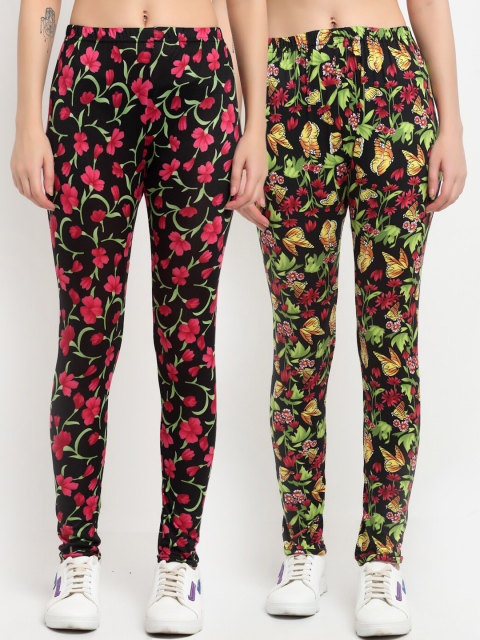 

NEUDIS Women Pack Of 2 Printed Skinny-Fit Ankle-Length Leggings, Black
