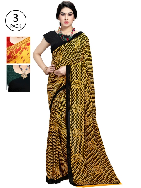 

KALINI Pack Of 3 Yellow & Red Poly Georgette Ethnic Motifs Saree