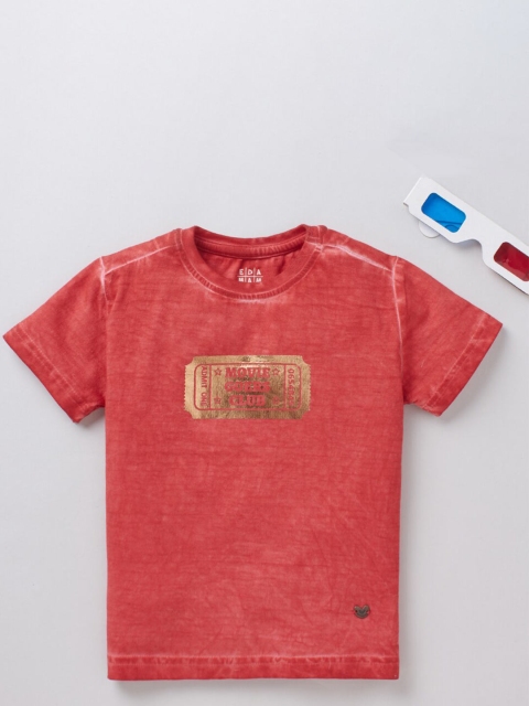 

Ed-a-Mamma Unisex Kids Red Foil Printed Overdyed Washed Sustainable Cotton Pure Cotton T-shirt