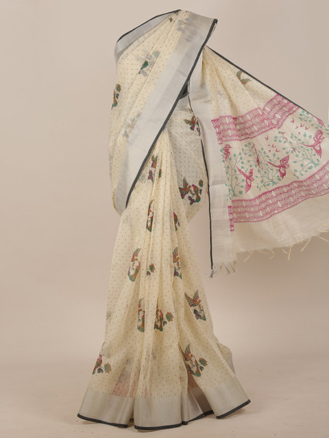

Pothys Cream & Pink Cotton Blend Floral Saree