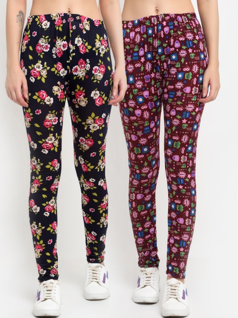 

NEUDIS Women Pack Of 2 Printed Skinny-Fit Ankle-Length Leggings, Black