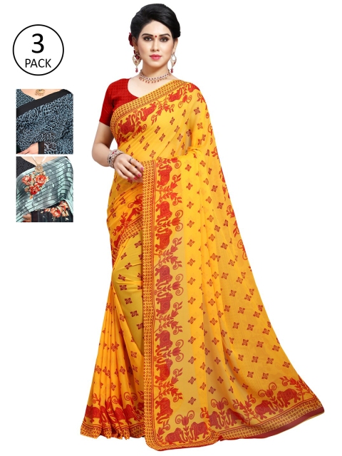 

KALINI Pack Of 3 Poly Georgette Printed Sarees, Yellow
