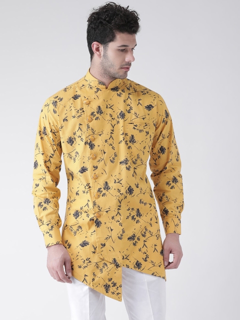 

SG LEMAN Men Yellow Floral Printed Asymmetric Hem Straight Kurta