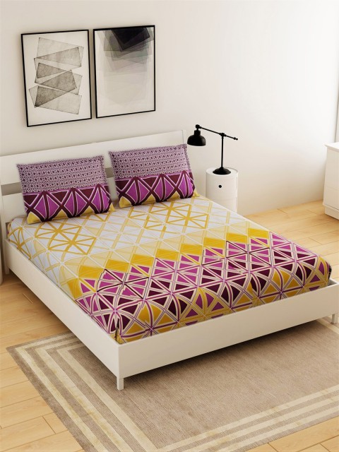 

Salona Bichona Yellow & Purple Geometric 144 TC Cotton Queen Bedsheet with 2 Pillow Covers