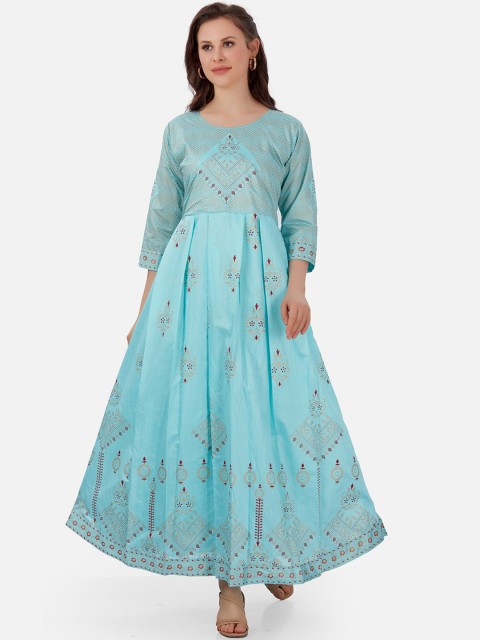 

Kiana Women Blue Cotton Ethnic Motif Printed Fit & Flare Maxi Dress