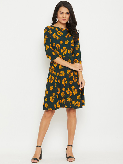 

PANIT Green & Yellow Kalamkari Floral Printed Crepe A-Line Dress