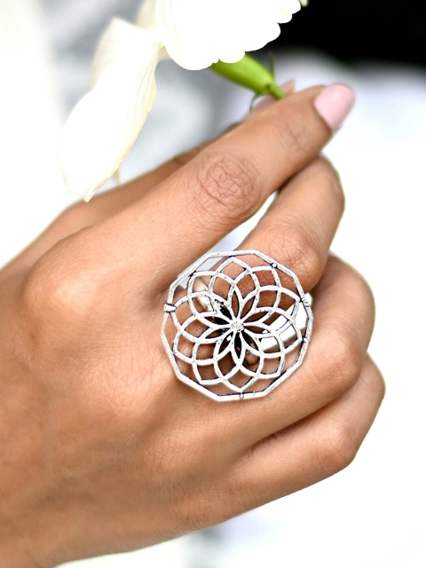 

TEEJH Oxidised Silver-Toned Flower of Life Adjustable Finger Ring
