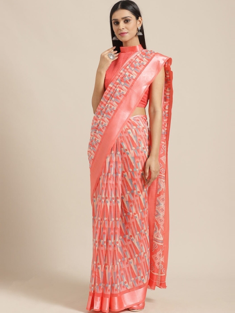 

Saree mall Peach-Coloured Cotton Blend Printed Saree
