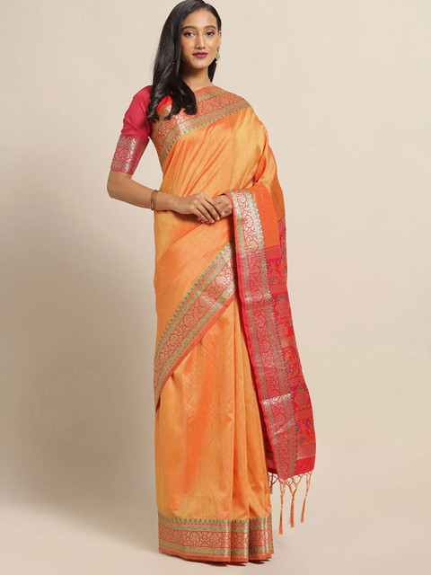 

Saree mall Orange & Red Floral Zari Silk Blend Sarees