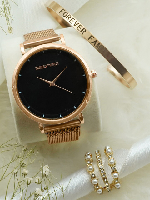 

JOKER & WITCH Women Black & Rose Gold-Toned Woodwinked Love Triangle Watch Gift Set JWLT234