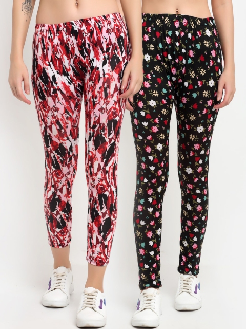 

NEUDIS Women Pack Of 2 Printed Skinny-Fit Ankle-Length Leggings, Red