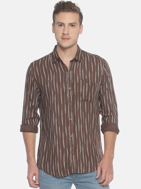 

COUPER & COLL Men Brown Premium Slim Fit Striped Pure Cotton Casual Shirt