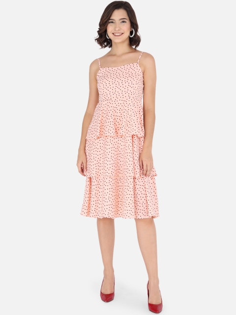 

Trend Arrest Women Peach Polka Dots Printed Layered Fit & Flare Dress