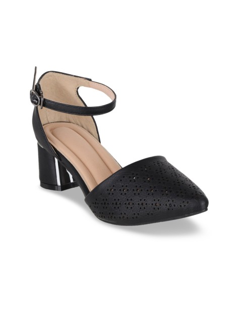 

Sherrif Shoes Black Block Heeled Pointed Toe Pumps with Laser Cuts