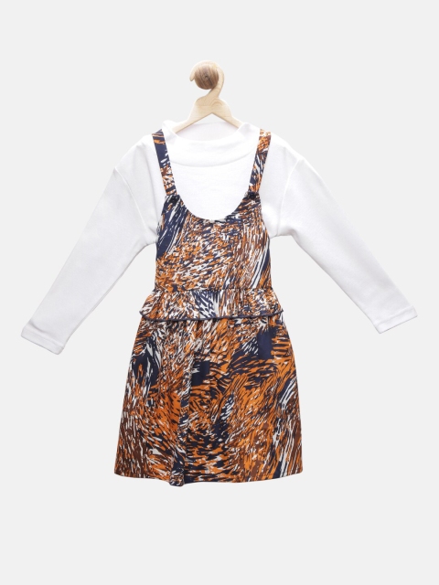 

First Kick Girls Navy Blue and Rust Brown Printed Pinafore Dress