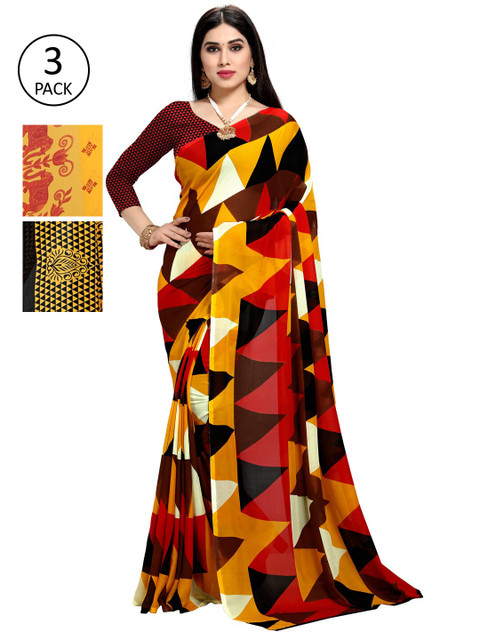 

KALINI Pack Of 3 Ethnic Motifs Sarees, Yellow