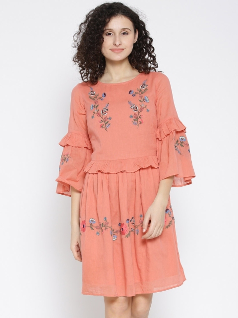 

SCOUP Coral Coloured Floral Embroidered Cotton A-Line Dress