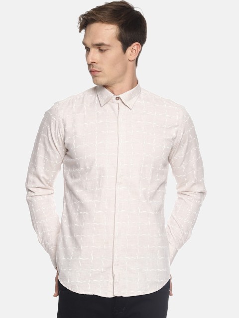 

COUPER & COLL Men Cream Pure Cotton Slim Fit Checked Casual Shirt