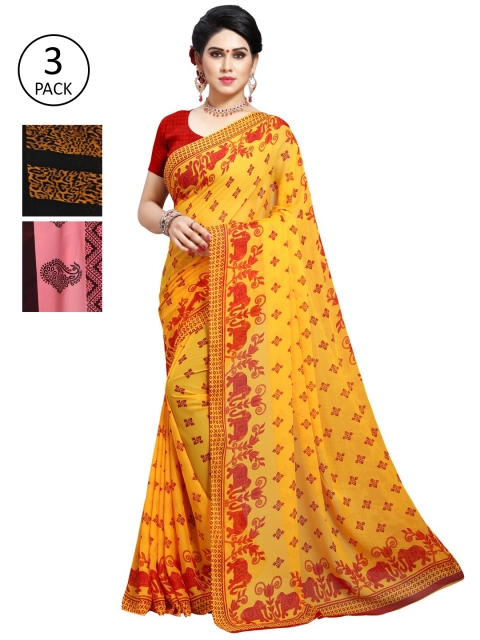 

KALINI Pack of 3 Poly Georgette Sarees, Yellow