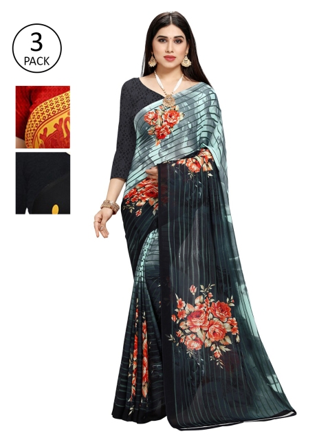 

KALINI Pack Of 3 Poly Georgette Printed Sarees, Yellow