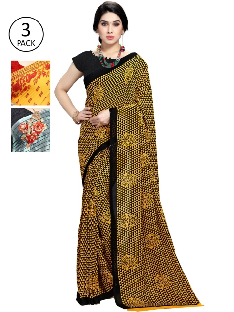 

KALINI Women Pack of 3 Poly Georgette Sarees, Yellow