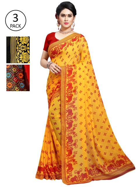 

KALINI Pack Of 3 Yellow & Black Saree