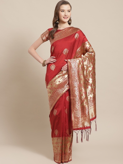 

Saree mall Maroon & Gold-Toned Woven Design Zari Silk Blend Sarees