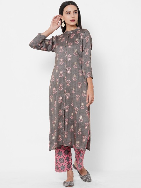 

FASHOR Women Brownish Grey & Pink Printed Kurta with Palazzos, Brown