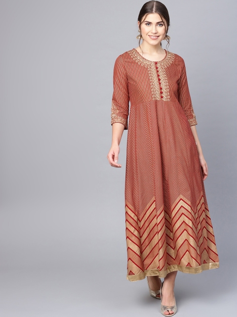 

Juniper Maroon Chevron Printed Embroidered Maxi-Length Anarkali Kurta Dress
