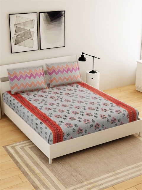 

Salona Bichona Grey & Red Floral 144 TC Cotton Queen Bedsheet with 2 Pillow Covers