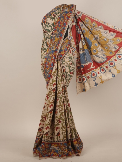 

Pothys Cream & Blue Ethnic Motifs Cotton Blend Saree