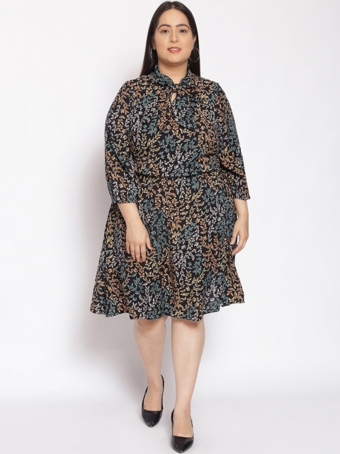 

Oxolloxo Women Black & Teal Floral Print Shirt Dress