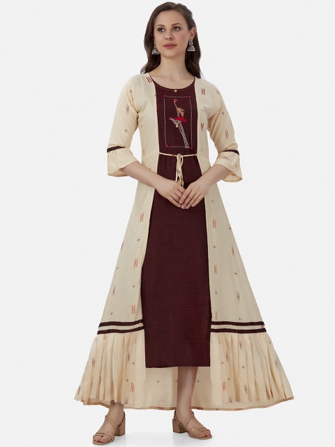 

Kiana Maroon Embroidered Inner With Attached Cream Jacket Maxi Dress
