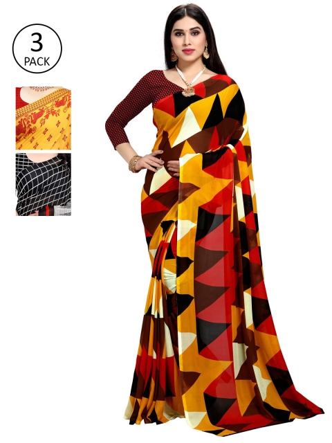 

KALINI Pack of 3 Poly Georgette Sarees, Yellow