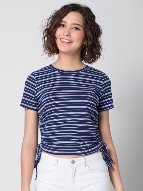 

FabAlley Blue Striped Regular Crop Top