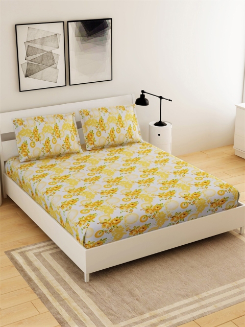 

Salona Bichona White & Yellow Floral 144 TC Queen Bedsheet with 2 Pillow Covers