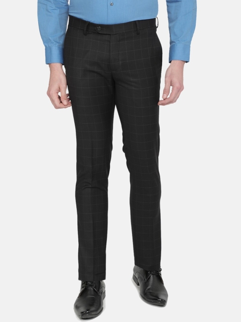 

J Hampstead Men Black Checked Smart Slim Fit Formal Trousers
