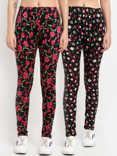 

NEUDIS Women Pack Of 2 Printed Skinny-Fit Ankle-Length Leggings, Black