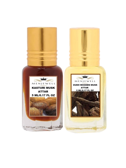 

Menjewell Set of 2 Kasturi Musk & Oudh Wooden Musk Attar 10 ml, Transparent