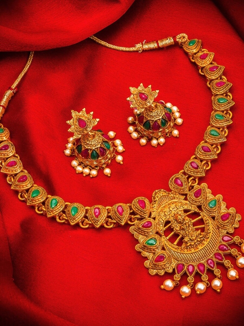 

aadita Gold-Plated Stone-Studded Pearl Beaded Temple Jewellery Set