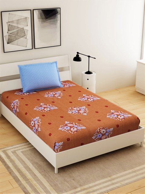 

Salona Bichona Brown & Blue Floral 144 TC Single Bedsheet with 1 Pillow Covers